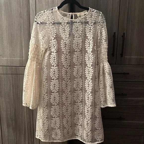 cheap lace dresses with sleeves Cream Floral Lace Long Sleeve Mini Dress main image 0